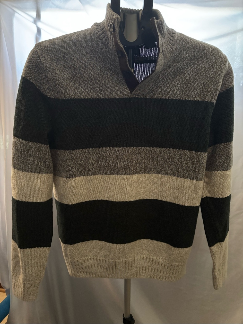 Chaps Men's Striped V-Neck Sweater in Gray, Black, Cream